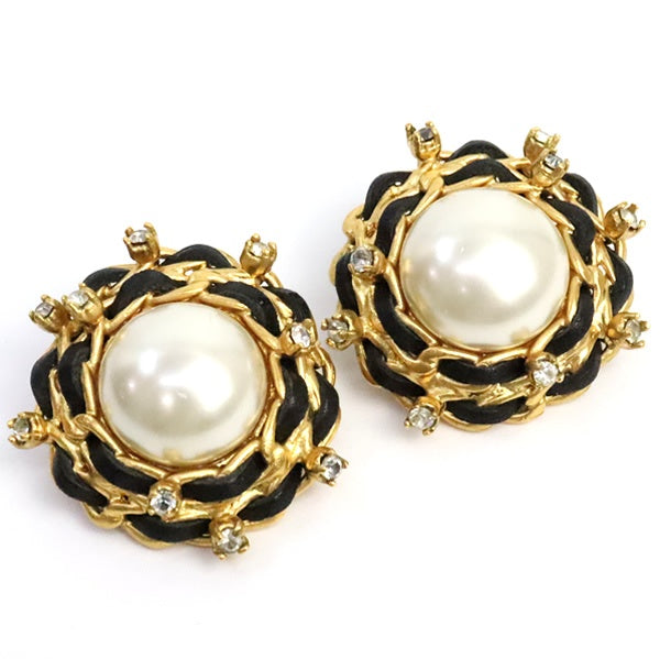 CHANEL Vintage Rhinestone Pearl Black Gold Earrings