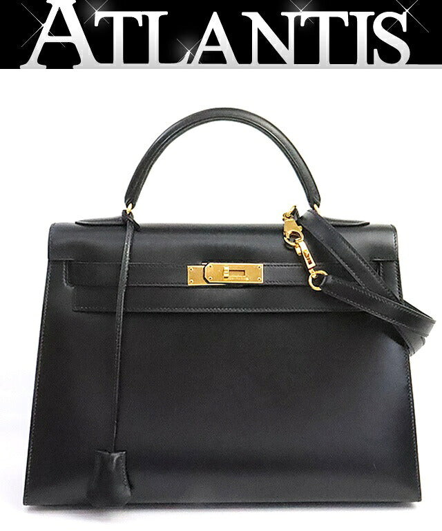 HERMES Kelly 32 Black Box Calf 2-Way Bag Size ONE SIZE