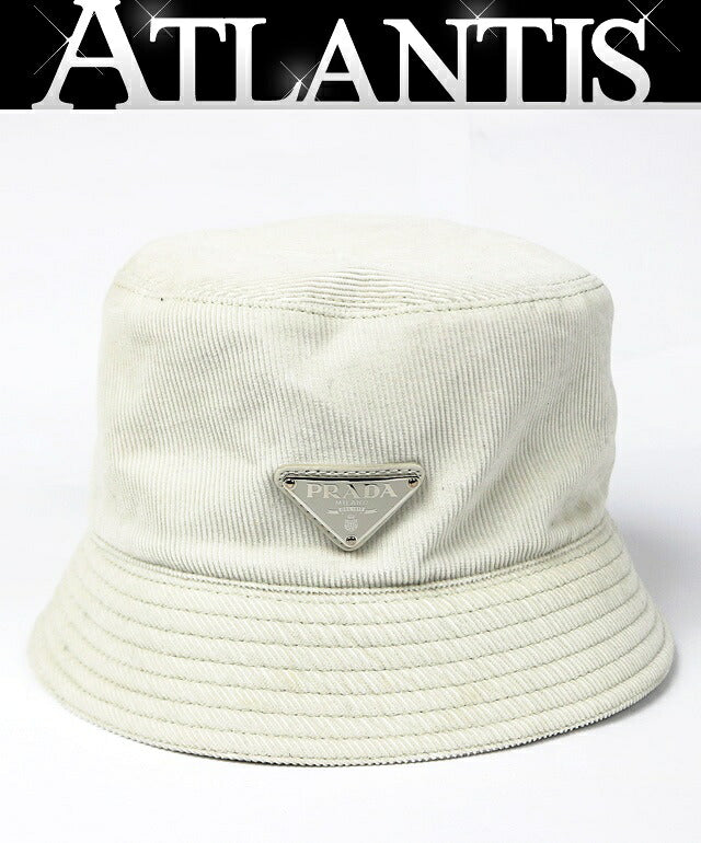 PRADA Corduroy Triangle Logo Cotton Hat White Size L