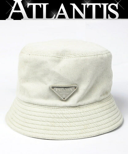 PRADA Corduroy Triangle Logo Cotton Hat White Size L
