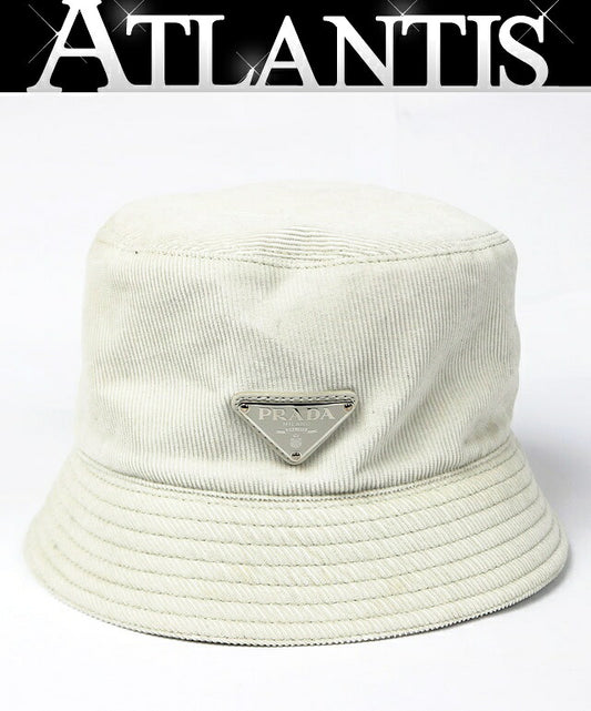 PRADA Corduroy Triangle Logo Cotton Hat White Size L