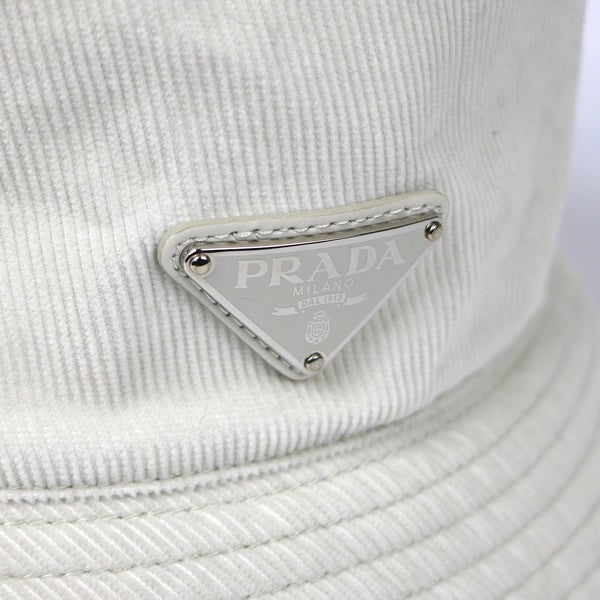 PRADA Corduroy Triangle Logo Cotton Hat White Size L