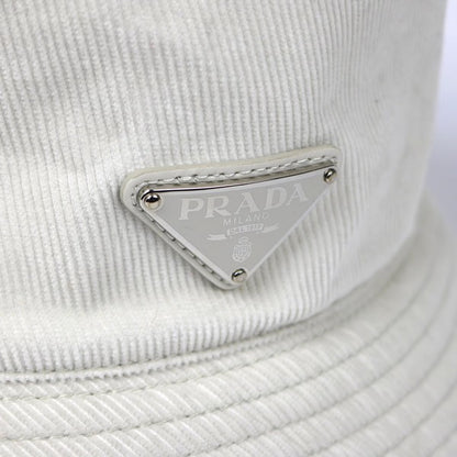 PRADA Corduroy Triangle Logo Cotton Hat White Size L