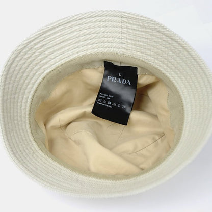 PRADA Corduroy Triangle Logo Cotton Hat White Size L
