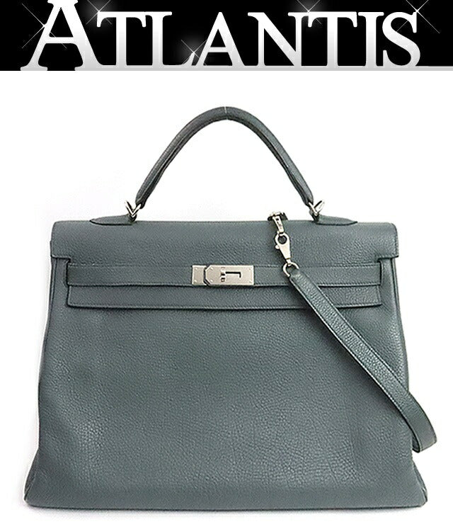 HERMES Kelly 40 Taurillon Clemence Bleu Orage Handbag Size ONE SIZE