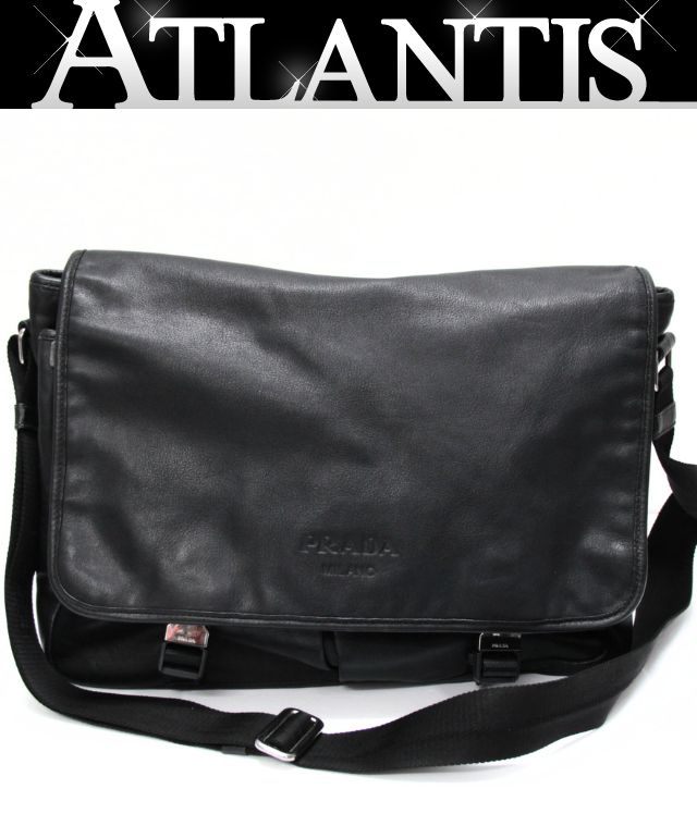 PRADA Black Leather Logo Shoulder Bag Size ONE SIZE