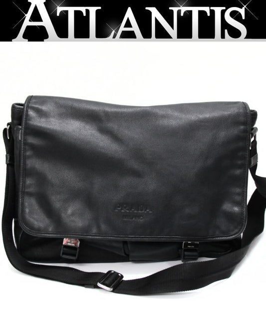 PRADA Black Leather Logo Shoulder Bag Size ONE SIZE