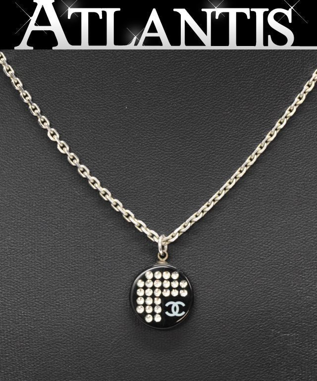 CHANEL Coco Mark Rhinestone Necklace Silver Size ONE SIZE
