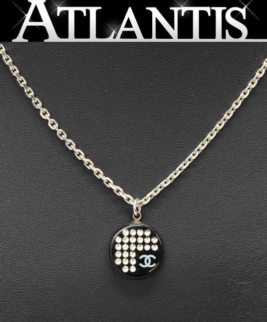 CHANEL Coco Mark Rhinestone Necklace Silver Size ONE SIZE