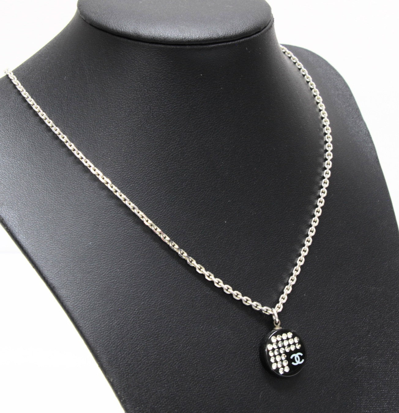 CHANEL Coco Mark Rhinestone Necklace Silver Size ONE SIZE
