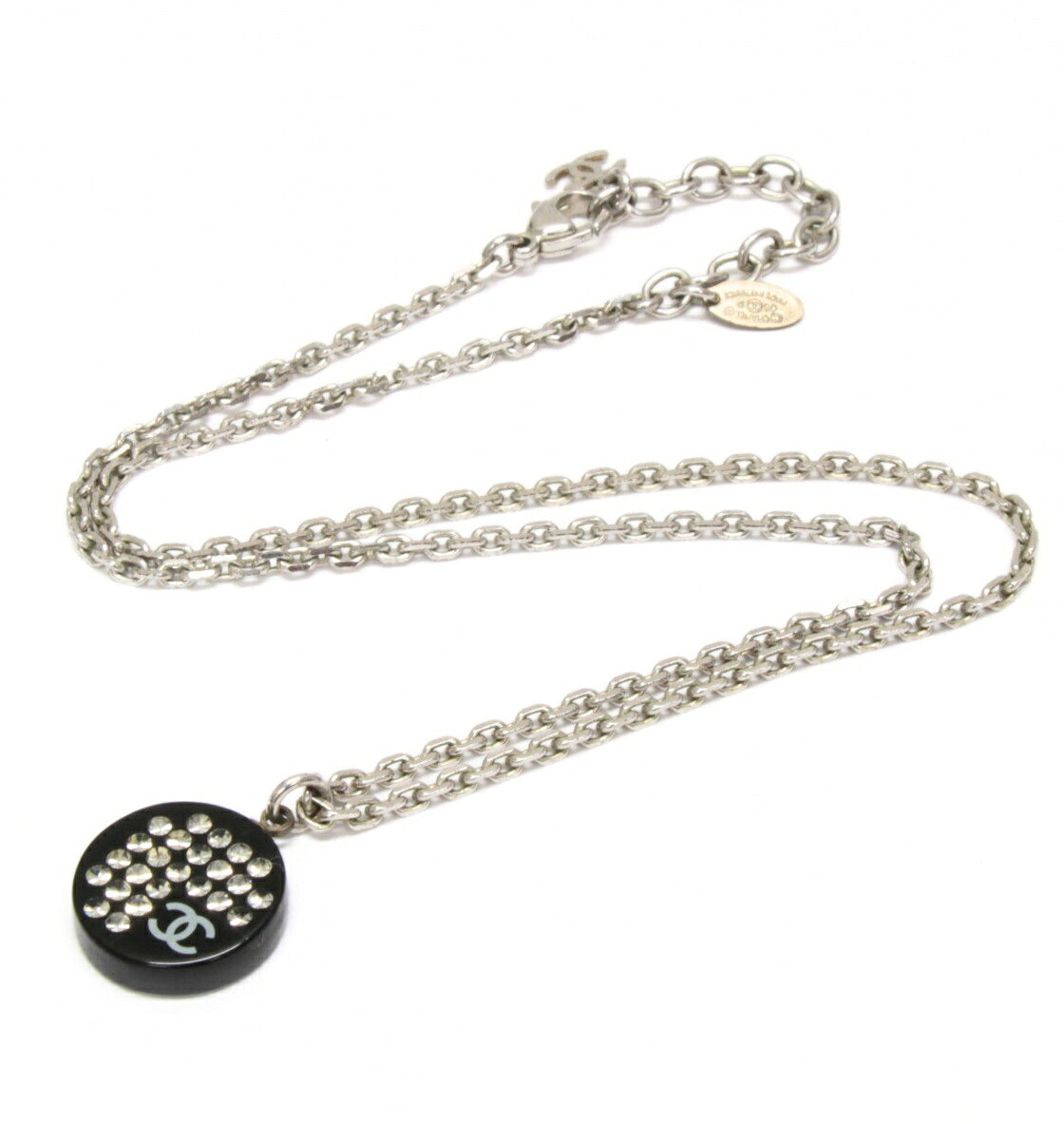 CHANEL Coco Mark Rhinestone Necklace Silver Size ONE SIZE