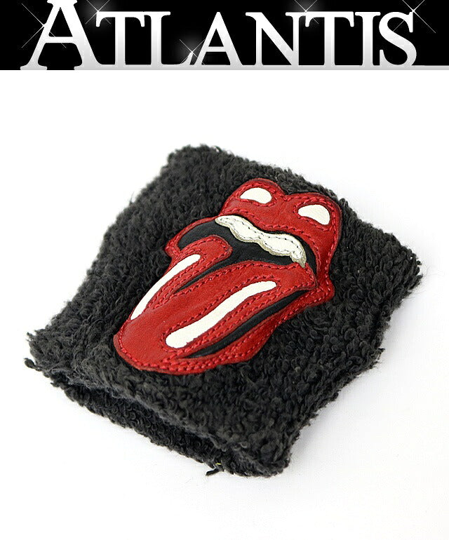 CHROME HEARTS Rolling Stones Cotton Leather Wristband Black Ring