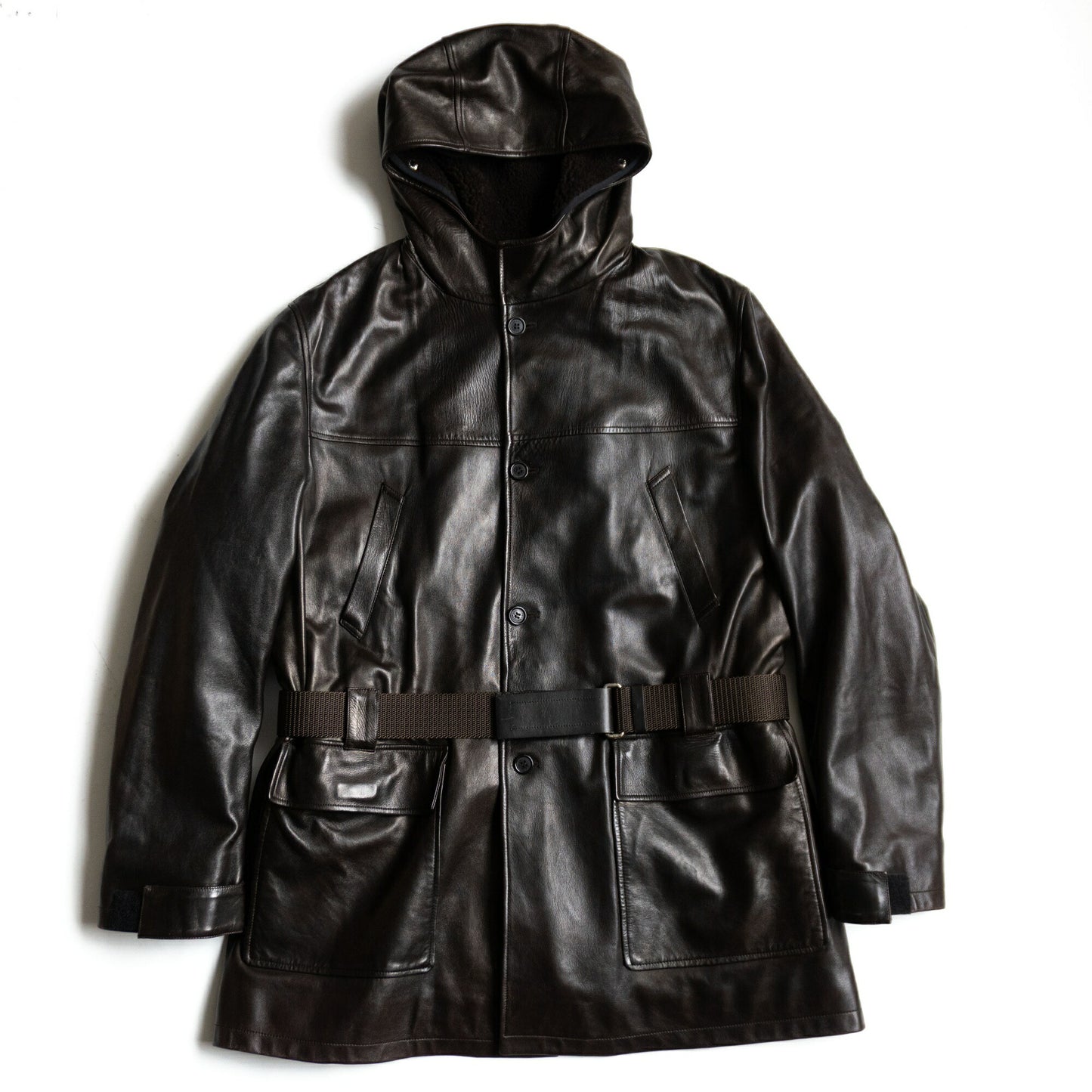 Prada Leather Hooded Lined Coat Brown Size 52