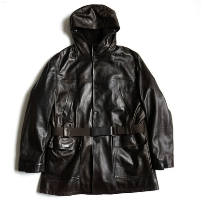 Prada Leather Hooded Lined Coat Brown Size 52
