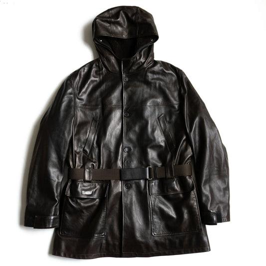 Prada Leather Hooded Lined Coat Brown Size 52
