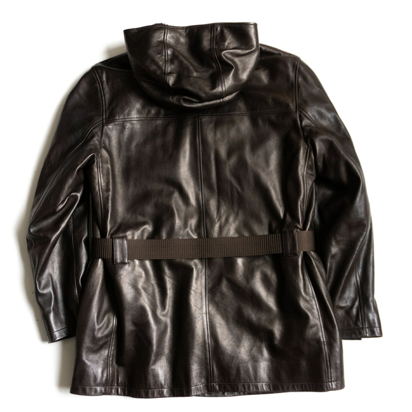 Prada Leather Hooded Lined Coat Brown Size 52