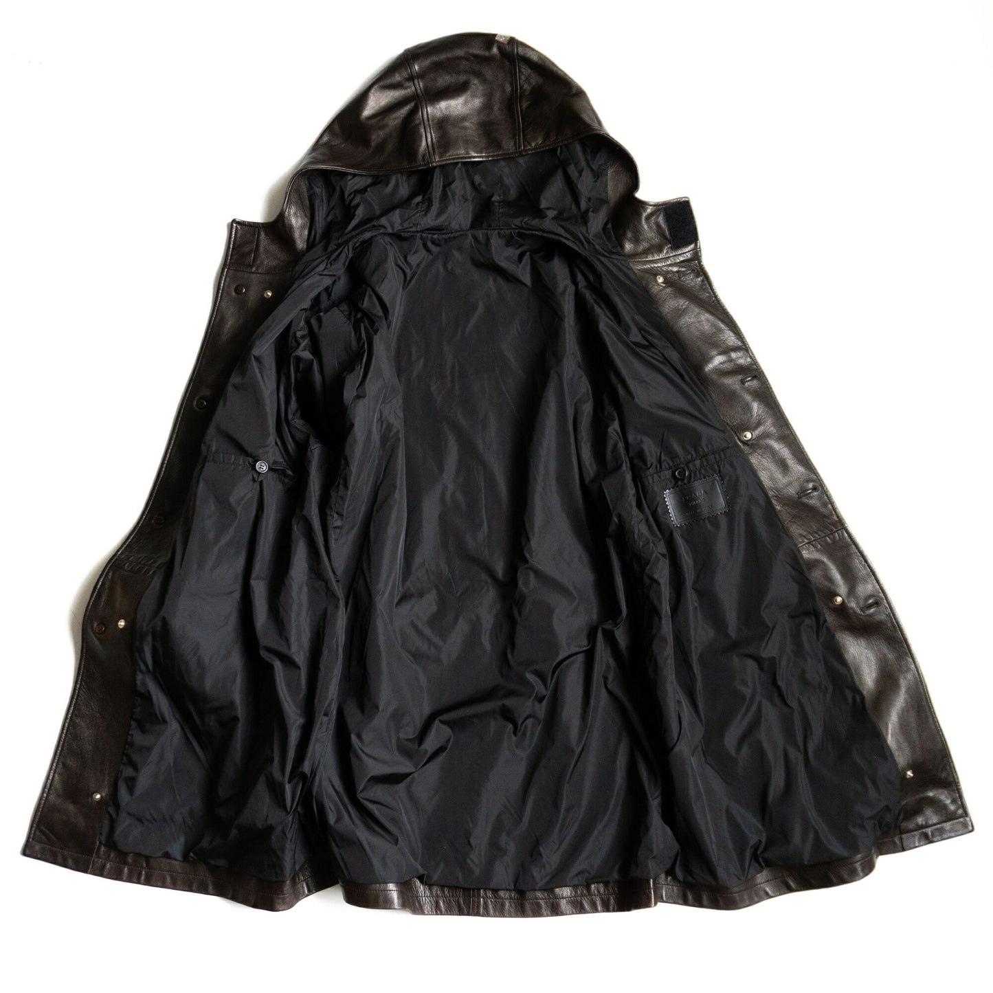 Prada Leather Hooded Lined Coat Brown Size 52