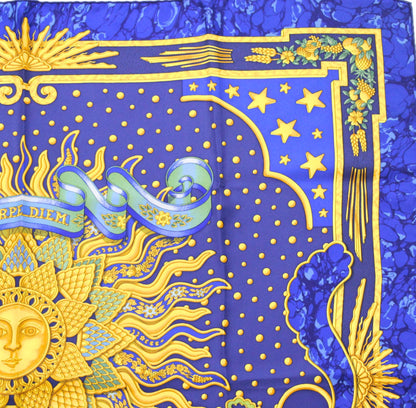 HERMES Carré 90 "CARPE DIEM" Silk Scarf Blue Size ONE SIZE