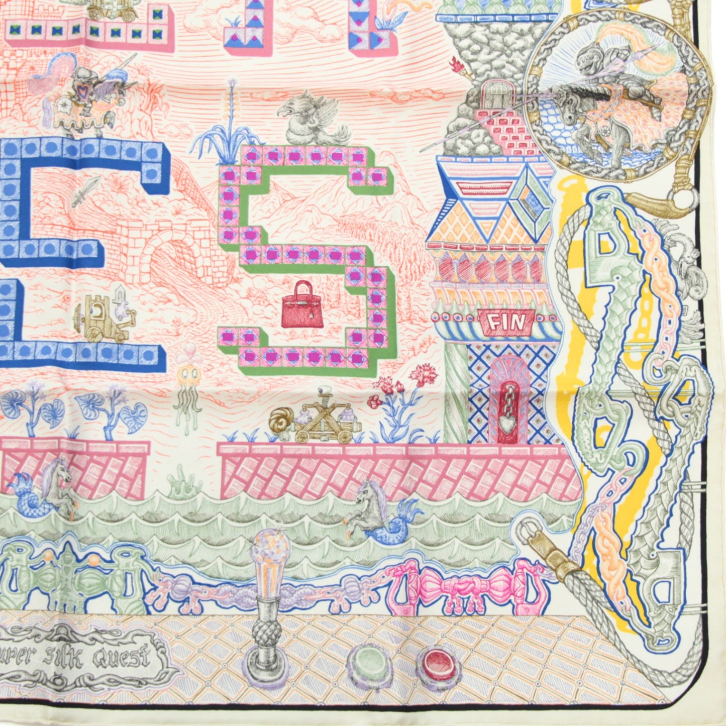 HERMES Carré 90 "Super Silk Quest" Scarf White Size ONE SIZE