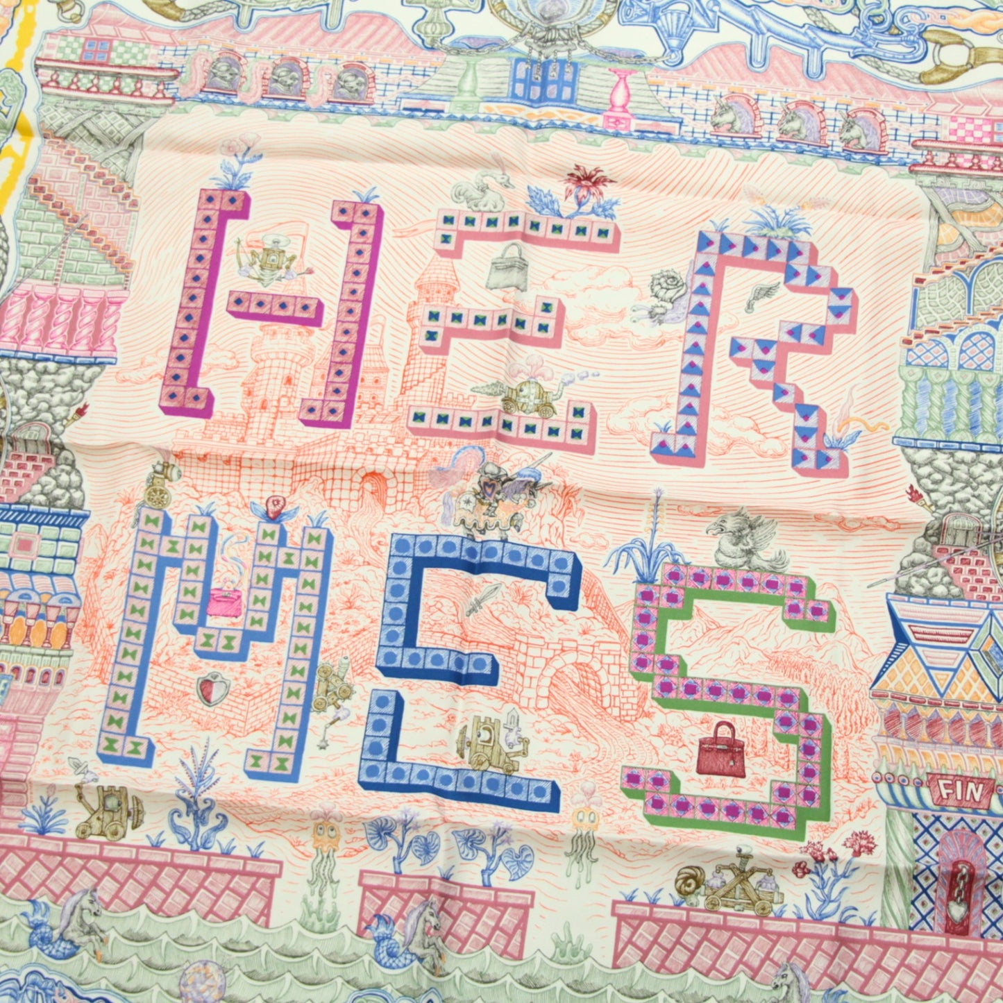 HERMES Carré 90 "Super Silk Quest" Scarf White Size ONE SIZE
