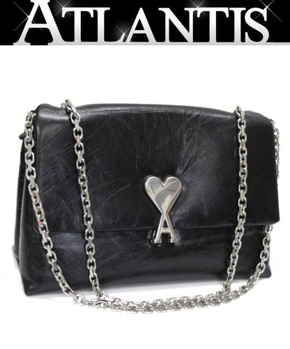 Ami Paris Heart Logo Leather Chain Bag Black Size ONE SIZE