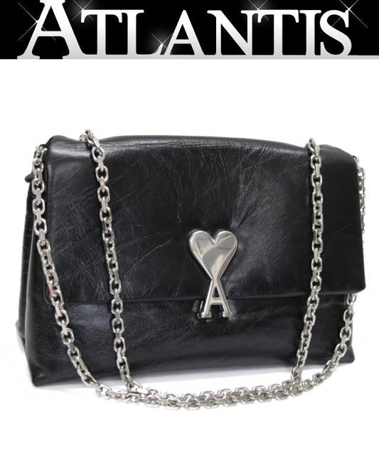 Ami Paris Heart Logo Leather Chain Bag Black Size ONE SIZE