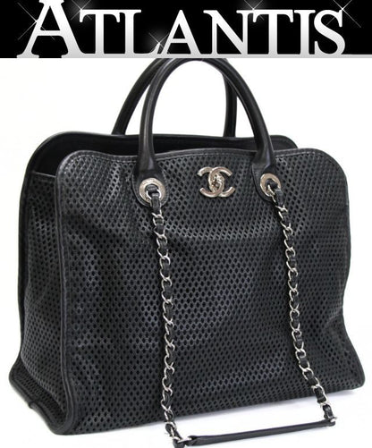CHANEL French Riviera Mesh Leather Bag Black Size ONE SIZE