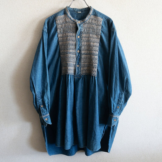 45R Indigo Millet Sateen Smocked Longline Blouse Size 2