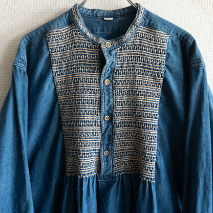 45R Indigo Millet Sateen Smocked Longline Blouse Size 2