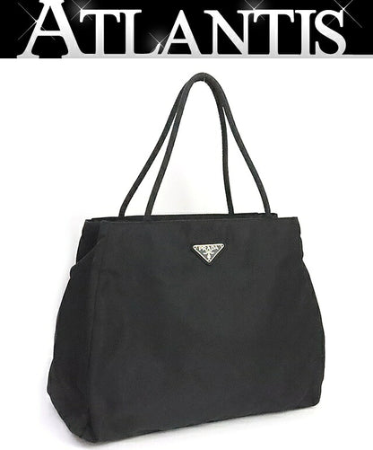 PRADA Triangle Logo Nylon Tote Bag Black Size ONE SIZE