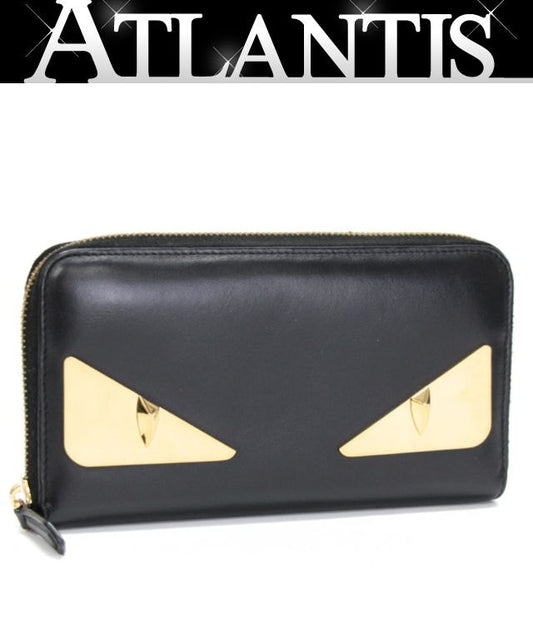 FENDI Monster Round Zipper Leather Black Gold Long Wallet Size ONE SIZE