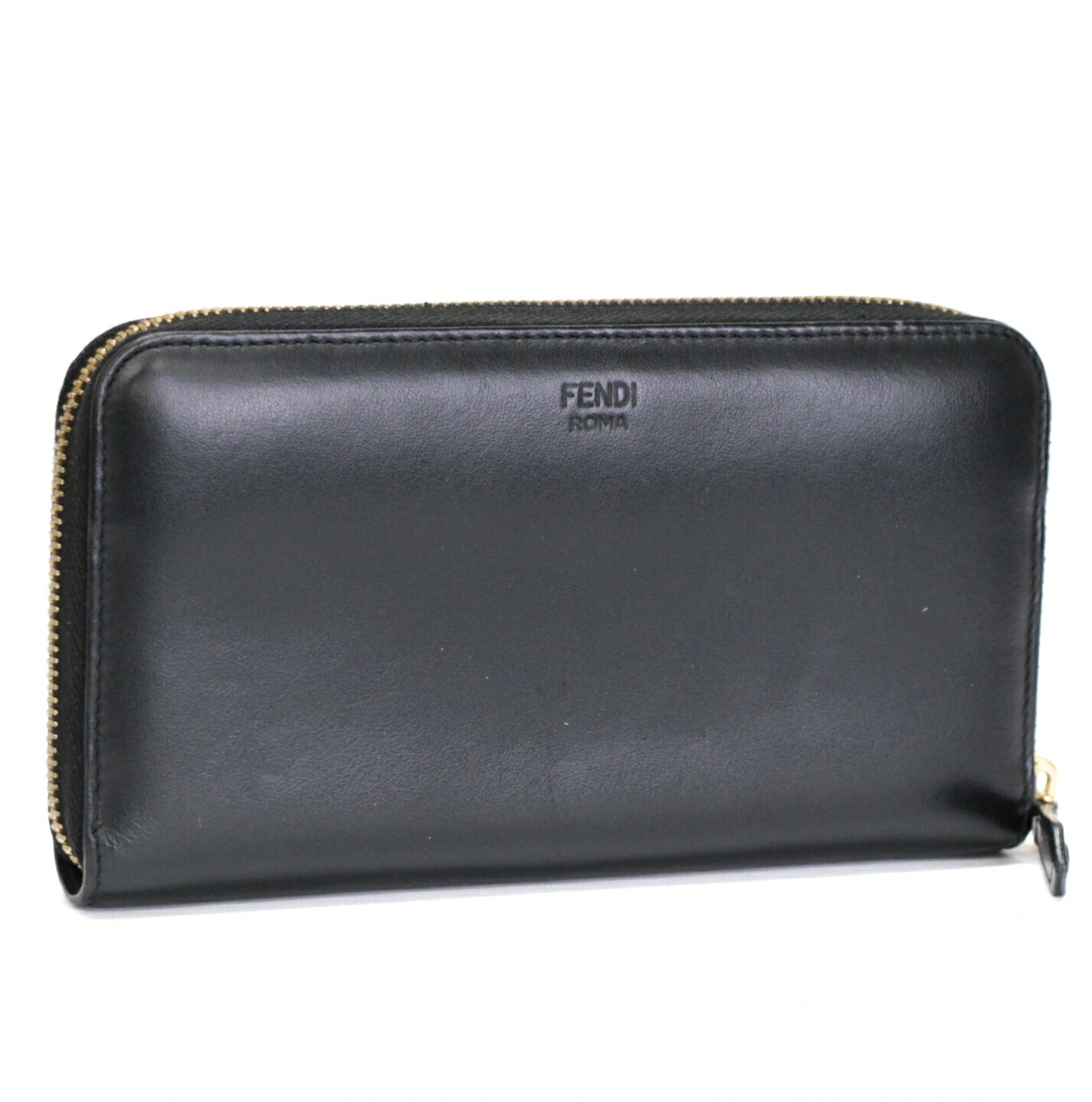FENDI Monster Round Zipper Leather Black Gold Long Wallet Size ONE SIZE