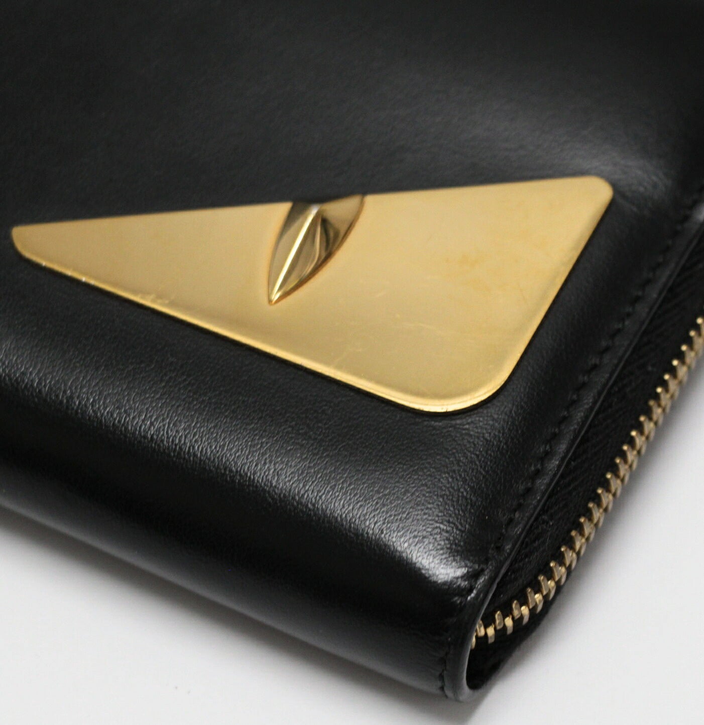 FENDI Monster Round Zipper Leather Black Gold Long Wallet Size ONE SIZE