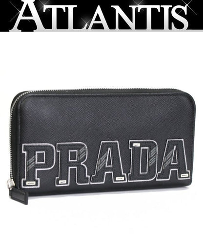 PRADA Saffiano Leather Zip Around Big Logo Wallet Black
