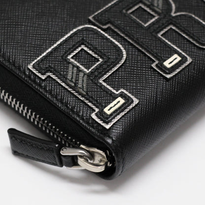 PRADA Saffiano Leather Zip Around Big Logo Wallet Black