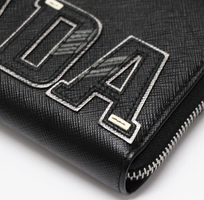 PRADA Saffiano Leather Zip Around Big Logo Wallet Black