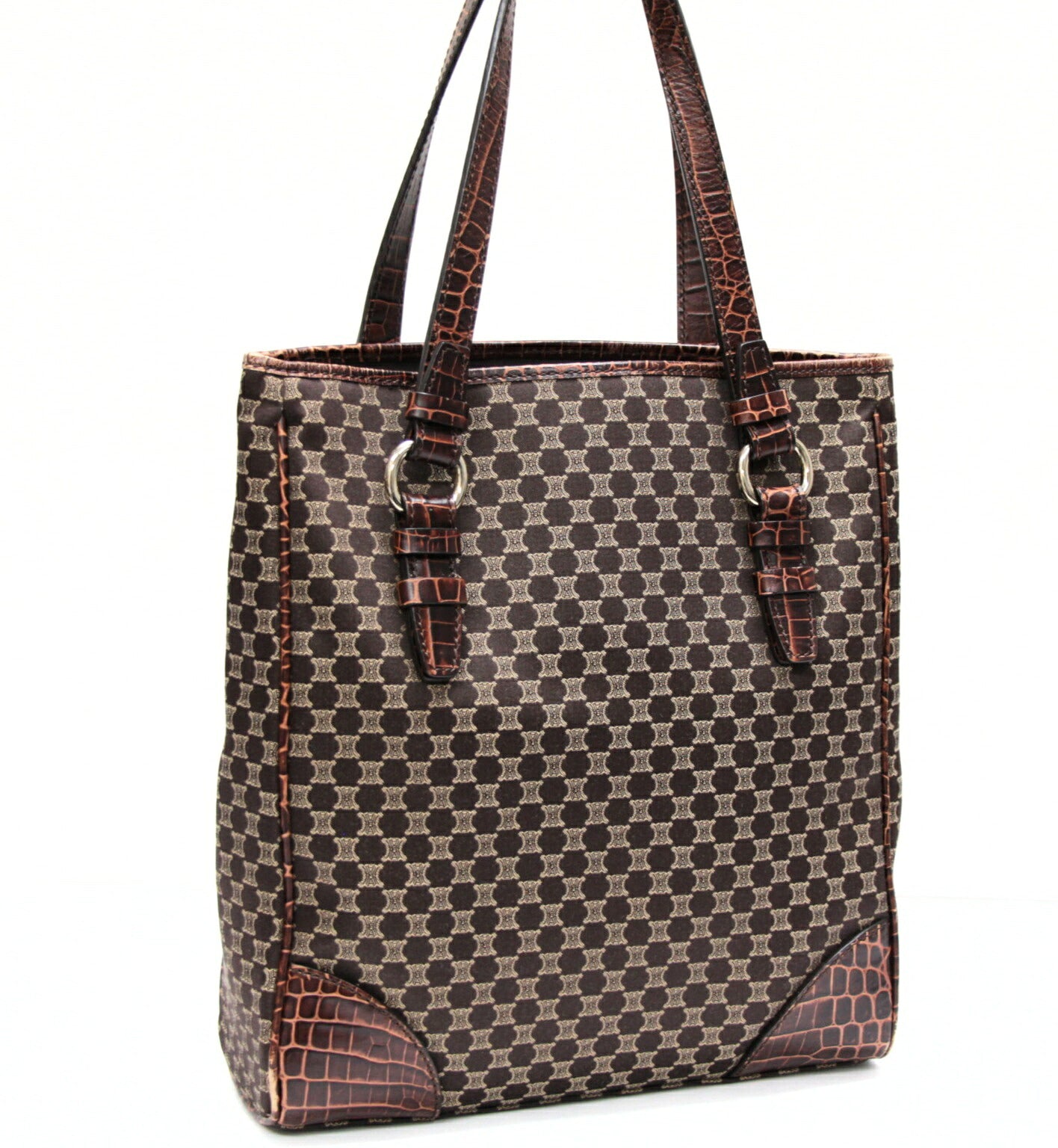 CELINE Macadam Canvas Croc Embossed Bag Brown Size ONE SIZE