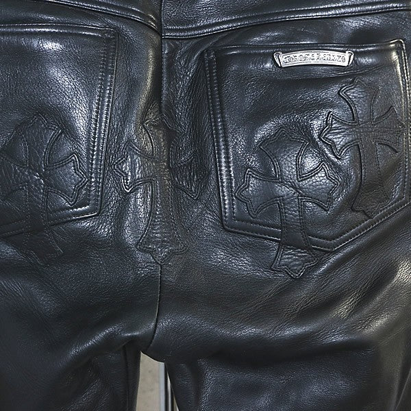 CHROME HEARTS Flare Knee Leather Pants Cross Patch Size 28