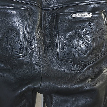 CHROME HEARTS Flare Knee Leather Pants Cross Patch Size 28