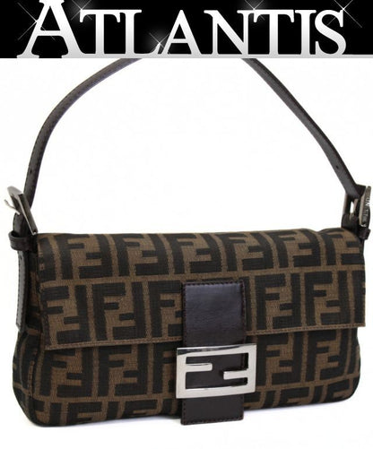 FENDI Brown Zucca Canvas Leather Baguette Bag Size ONE SIZE