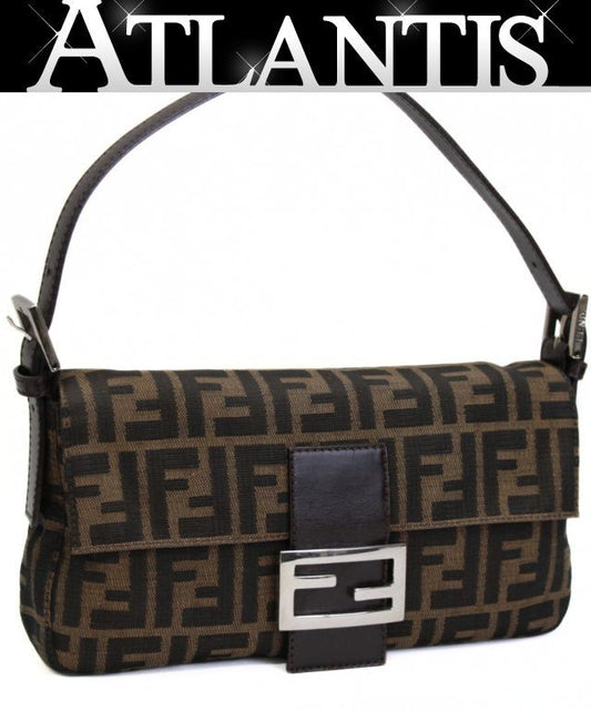 FENDI Brown Zucca Canvas Leather Baguette Bag Size ONE SIZE