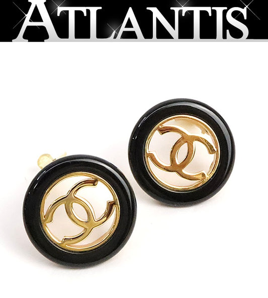 CHANEL Coco Mark Circle Gold Black Earrings