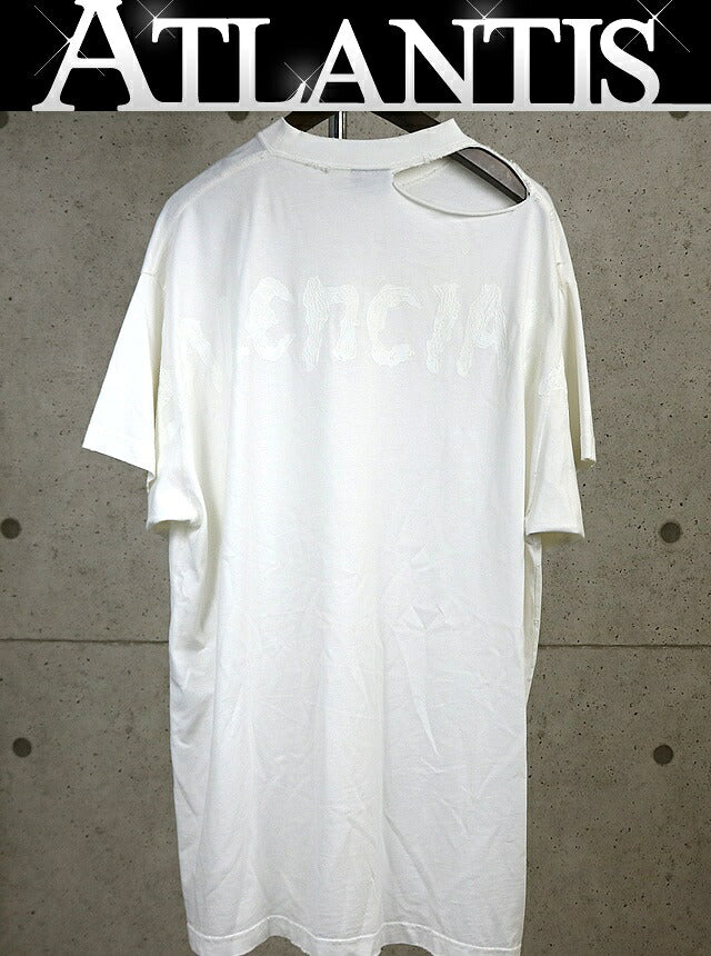 BALENCIAGA Back Print Distressed Long T-Shirt White Size L