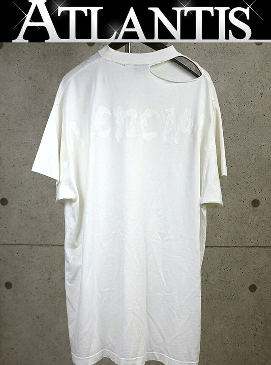 BALENCIAGA Back Print Distressed Long T-Shirt White Size L