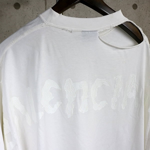 BALENCIAGA Back Print Distressed Long T-Shirt White Size L