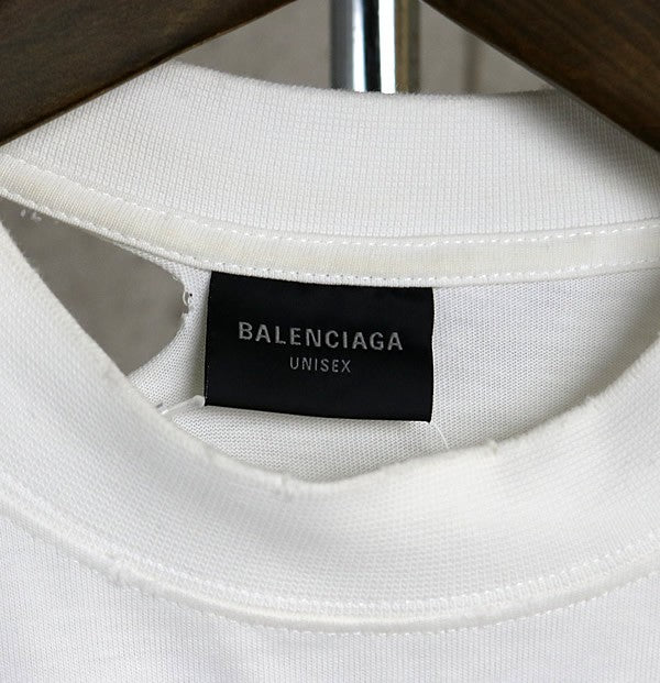 BALENCIAGA Back Print Distressed Long T-Shirt White Size L