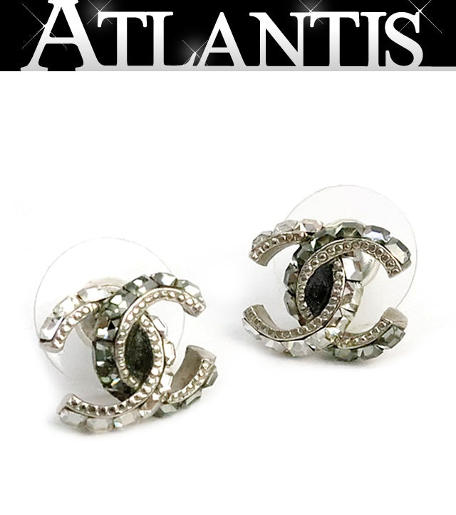 CHANEL Coco Mark Rhinestone Silver Earrings Size ONE SIZE