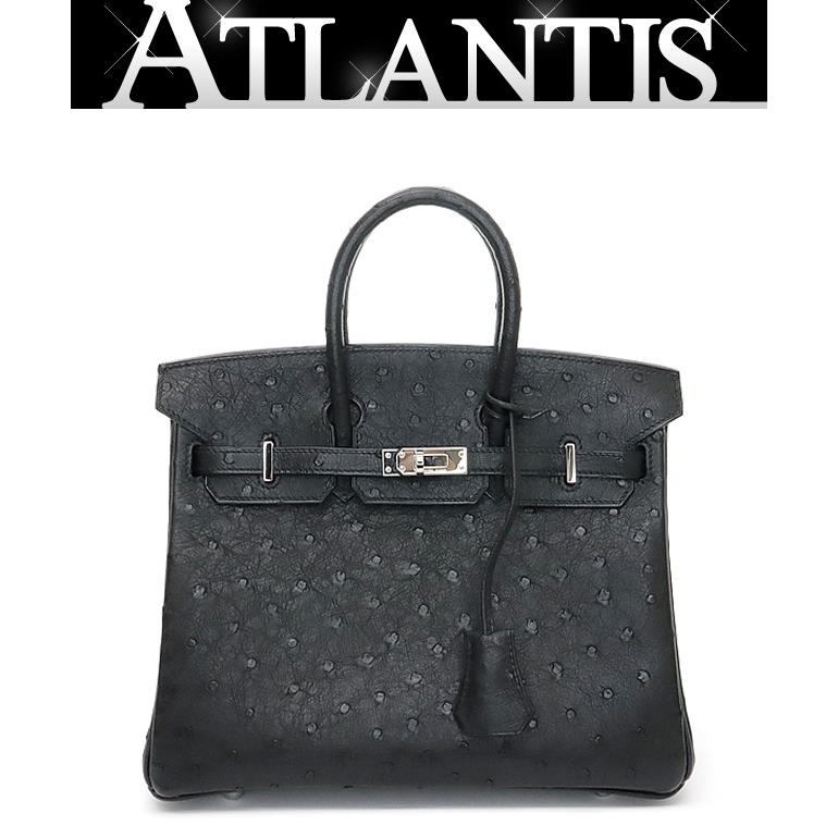 HERMES Birkin 25 Ostrich Black Handbag SVHW Size ONE SIZE