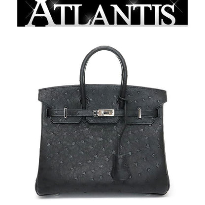HERMES Birkin 25 Ostrich Black Handbag SVHW Size ONE SIZE
