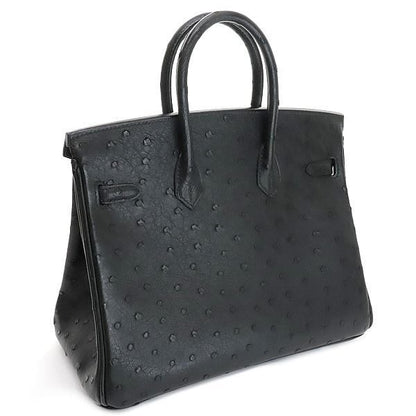 HERMES Birkin 25 Ostrich Black Handbag SVHW Size ONE SIZE